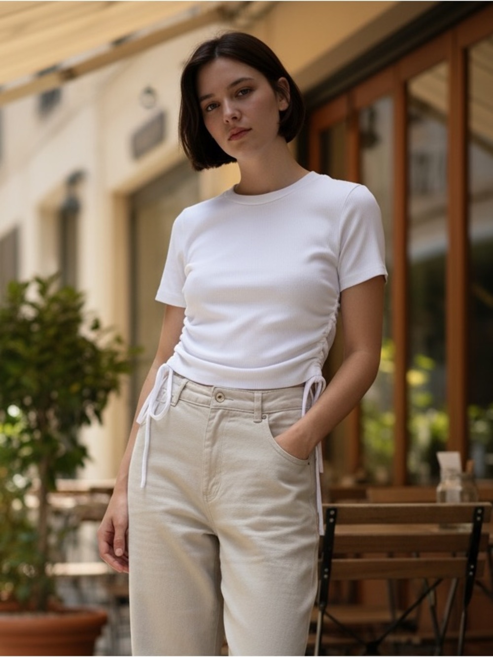 Zara White Ruched Side Women Top Size Small